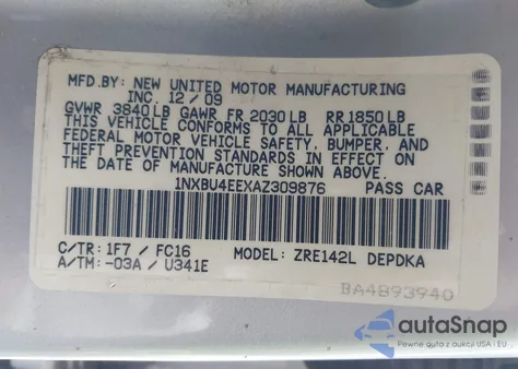 2010 Toyota Corolla Le из США, поврежденный, VIN 1NXBU4EEXAZ309876